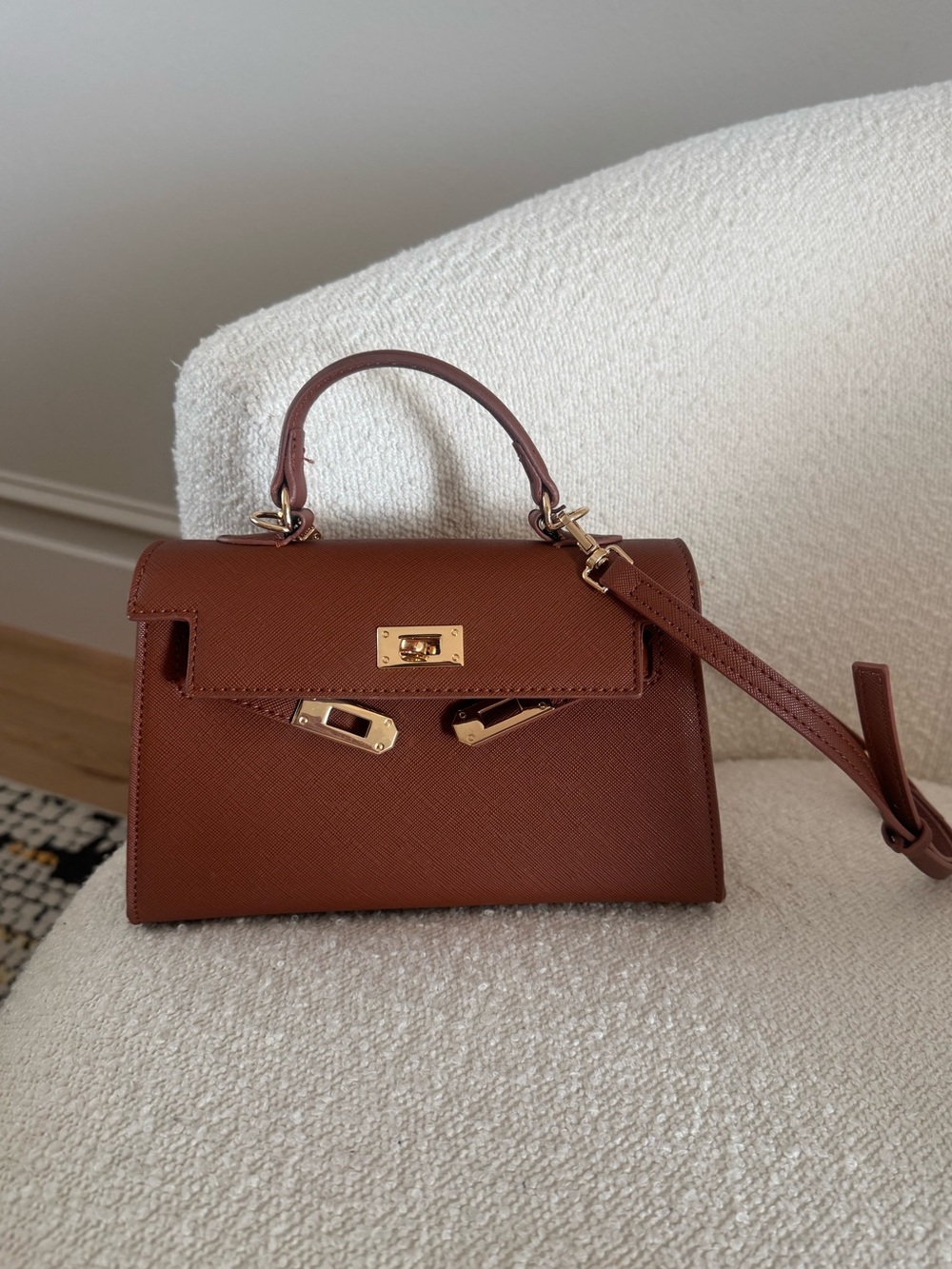 Structured Brown Leather Top-Handle Bag with Gold Hardware